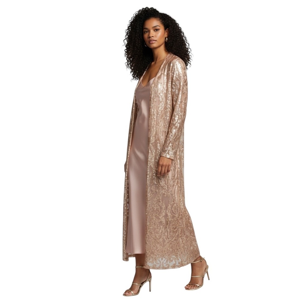 Venus Rose Gold Sequin Cocktail Duster Cardigan‎ Maxi Long Sleeve Mesh Womens M